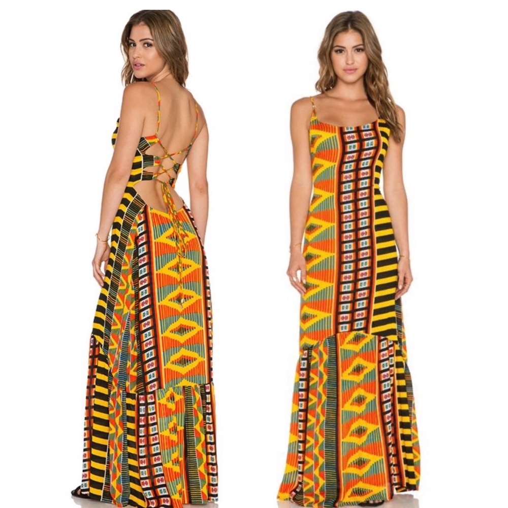 Indah Zera Maxi Dress King Print Sleeveless Strappy Size Small Tribal Boho